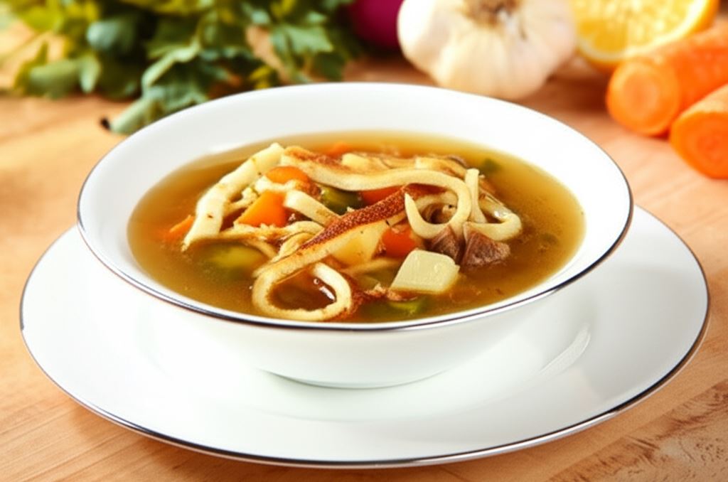 Rosół z warzywami podawany z naleśnikami z parmezanu