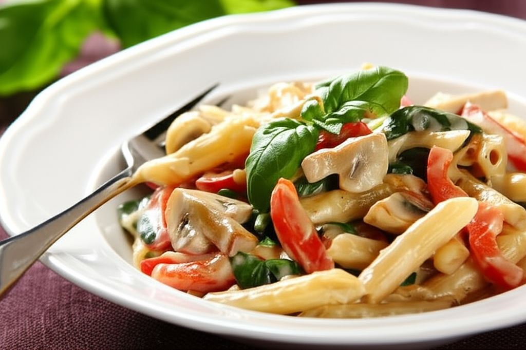 Rurki w kolorowym sosie z pieczarkami