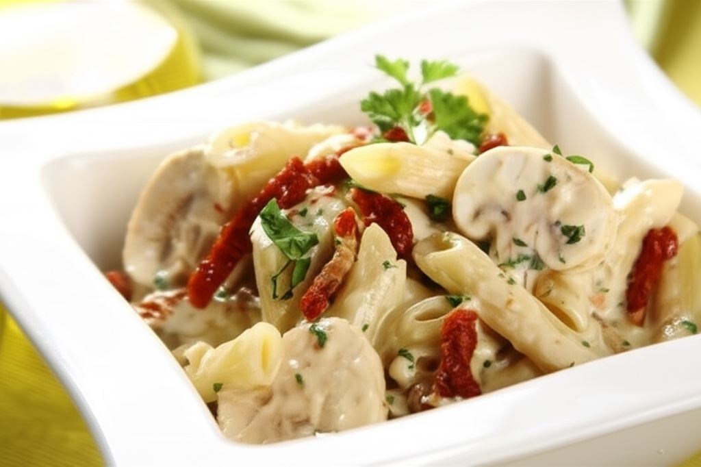 Rurki w sosie pieczarkowym z suszonymi pomidorami