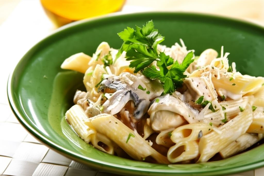 Rurki z kurczakiem w sosie pieczarkowym