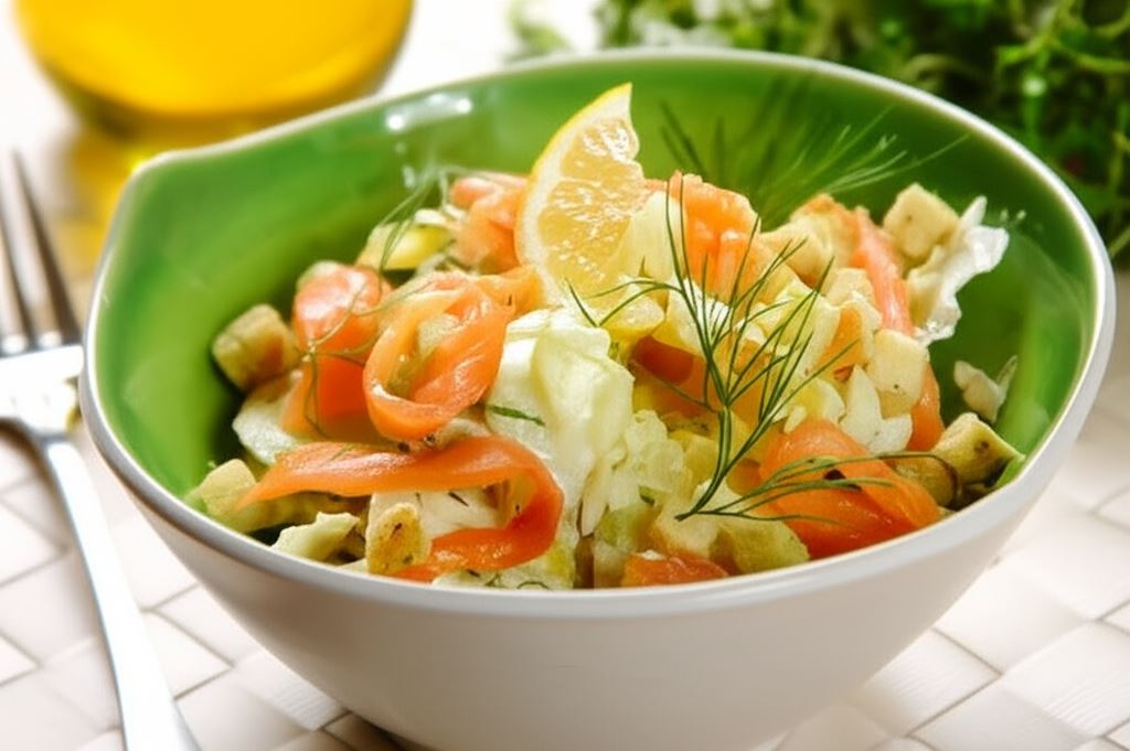Sałata lodowa z ziemniakami i wędzonym łososiem