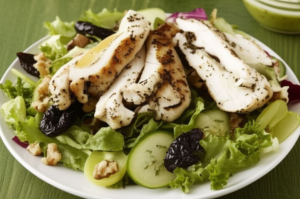 Sałata z grillowanym filetem z kurczaka nadziewanym camembertem i śliwką