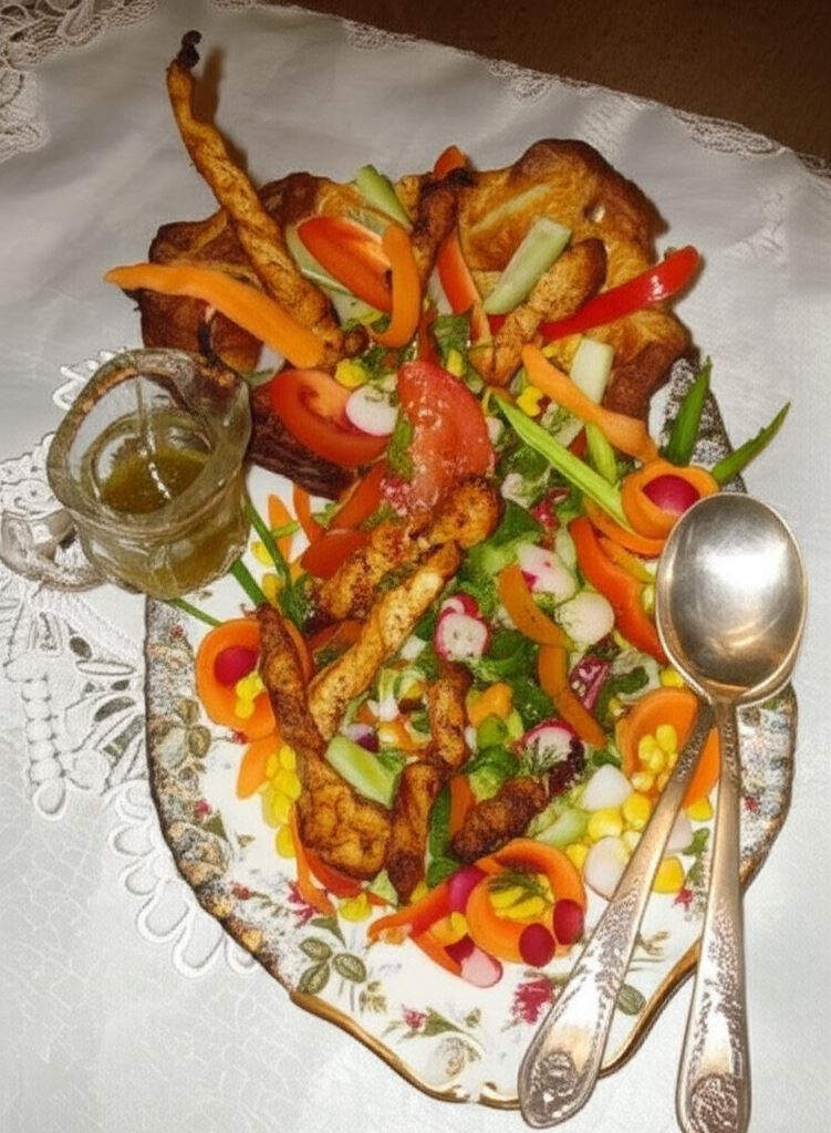 sałatka królewska z grillowaną piersią z indyka i muszlą francuską