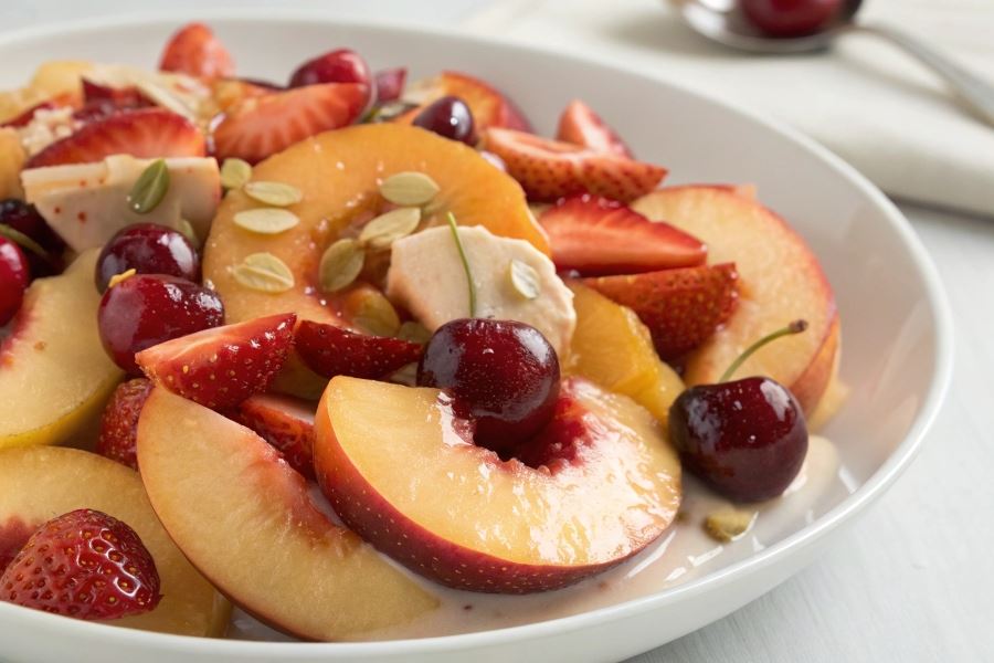 Sałatka owocowa z sosem migdałowym