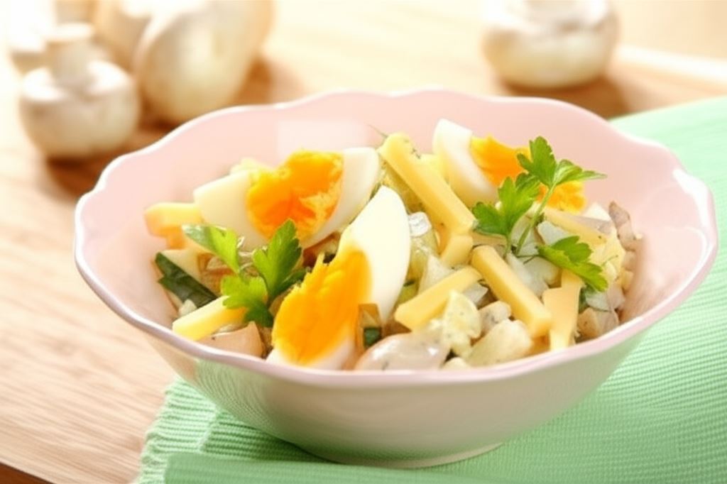 Sałatka pieczarkowa z gotowanym jajkiem i serem żółtym