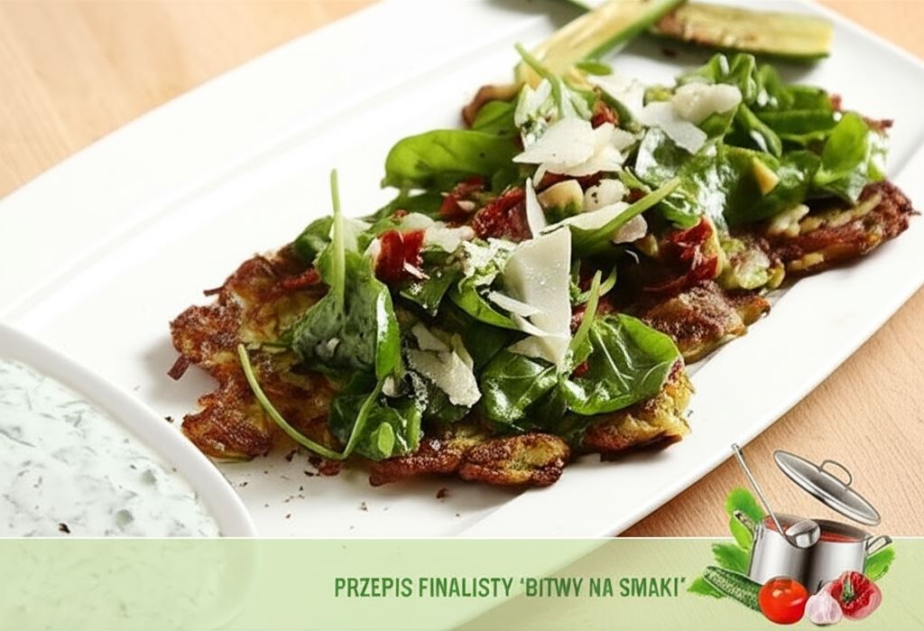 Sałatka szpinakowa podana na placuszkach z cukinii z dipem