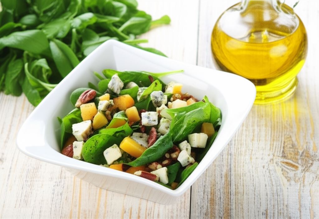 Sałatka szpinakowa z dynią i sosem malinowym