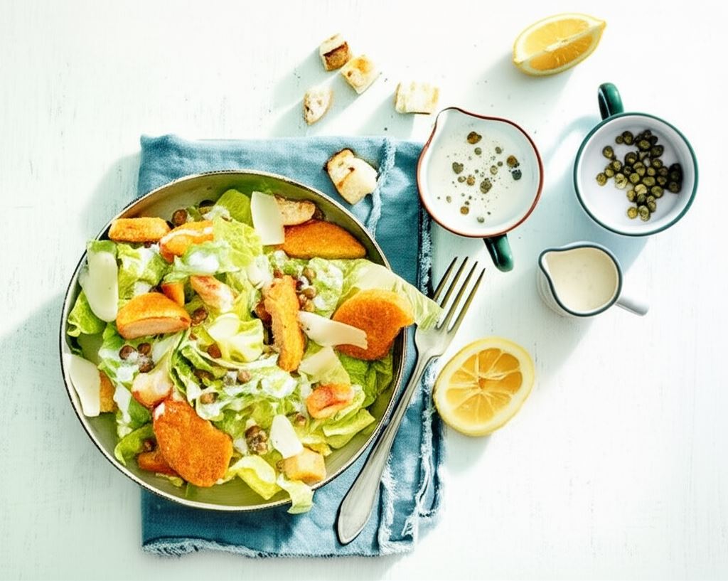 Sałatka w stylu Caesar z wegańskimi nuggetsami