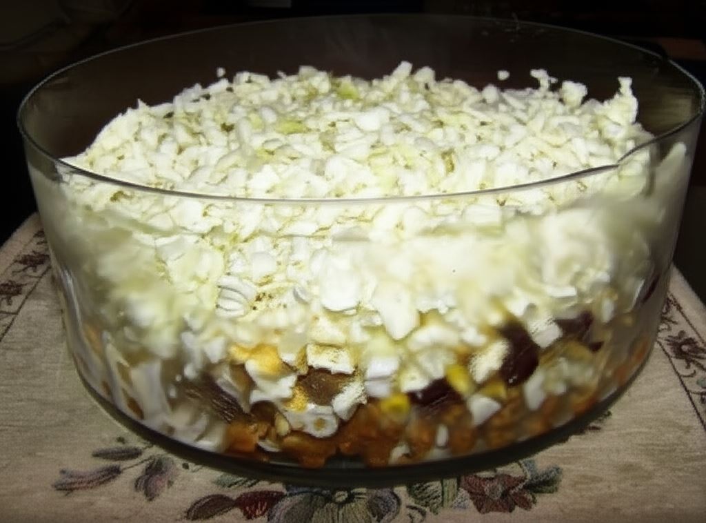 Sałatka warstwowa z mięsem i pieczarkami