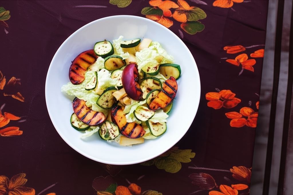 Sałatka z grillowaną nektarynką i cukinią oraz z żółtym serem