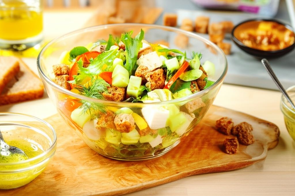 Sałatka z grillowanym kurczakiem i grzankami