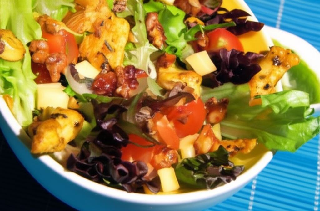 Sałatka z grillowanym kurczakiem i prażonymi orzechami włoskimi