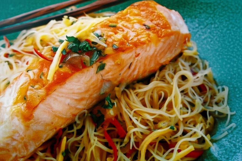 Sałatka z karmelizowanego pstrąga tęczowego ze szklanym makaronem