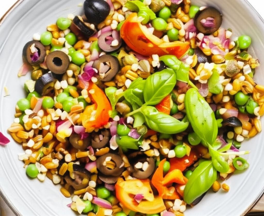 Sałatka z kaszą orkiszową i gryczaną z oliwkami