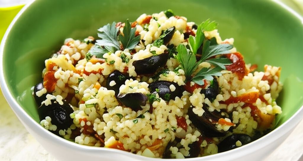 Sałatka z kaszy jaglanej z suszonymi pomidorami i oliwkami