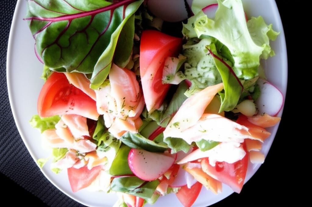 Sałatka z liśćmi botwinki z grillowanym łososiem