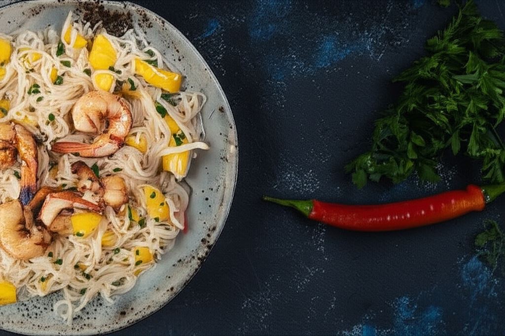 Sałatka z makaronem ryżowym i krewetkami