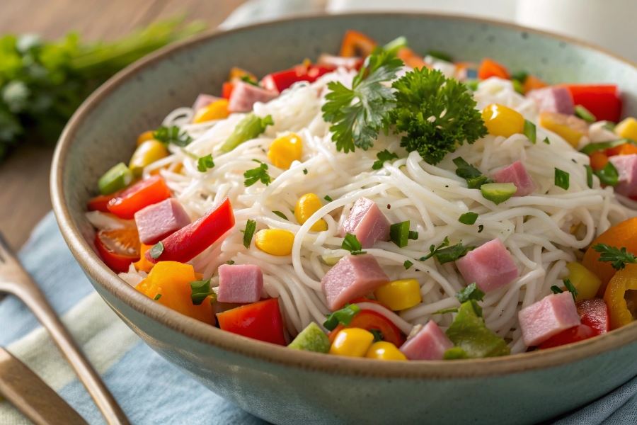 Sałatka z makaronem ryżowym i szynką