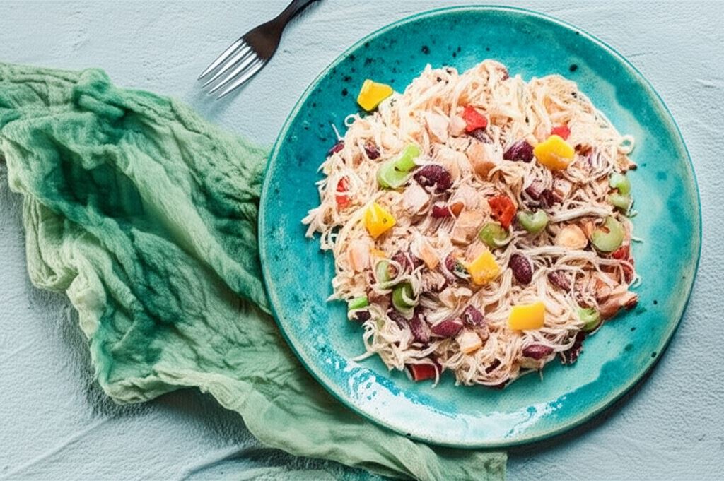 Sałatka z makaronu ryżowego z kurczakiem wędzonym