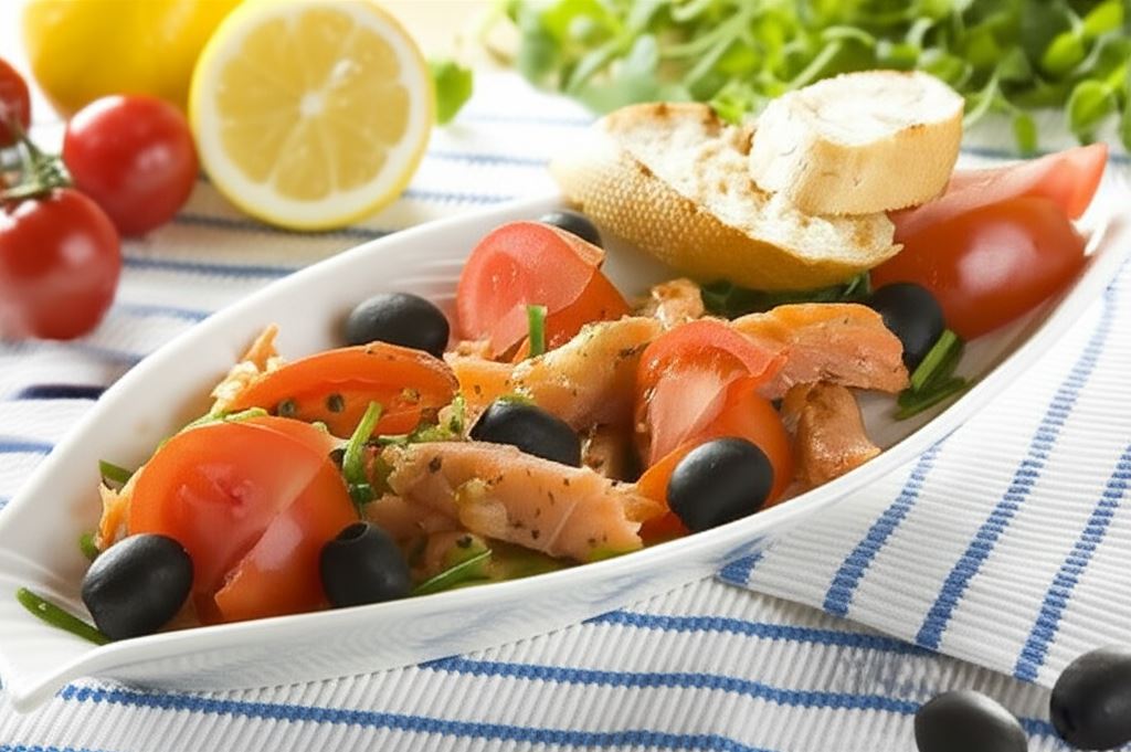 Sałatka z pomidorów z łososiem i oliwkami