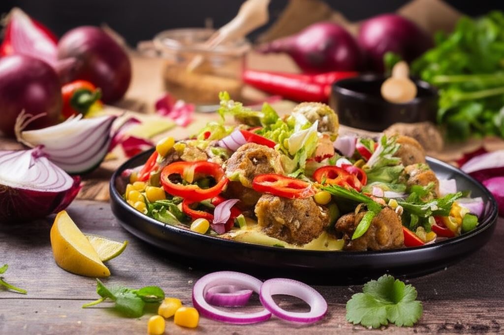 Sałatka z pulpecikami i sosem z mango