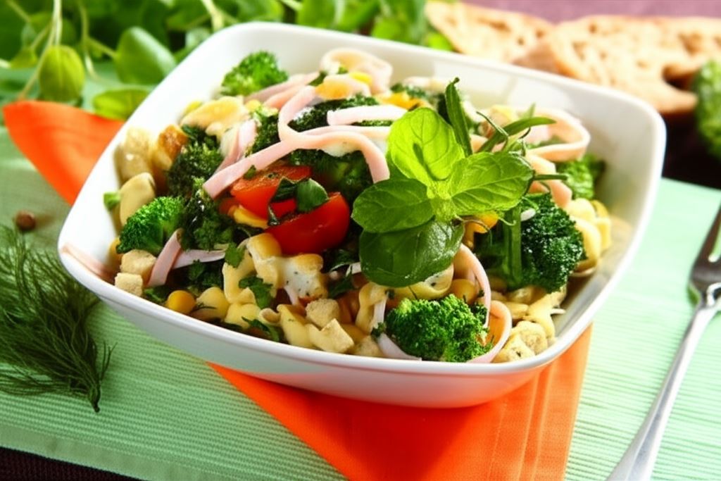 Sałatka z tortellini z brokułami i szynką