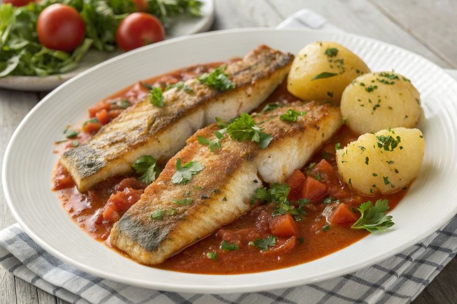 Sandacz w sosie pomidorowym