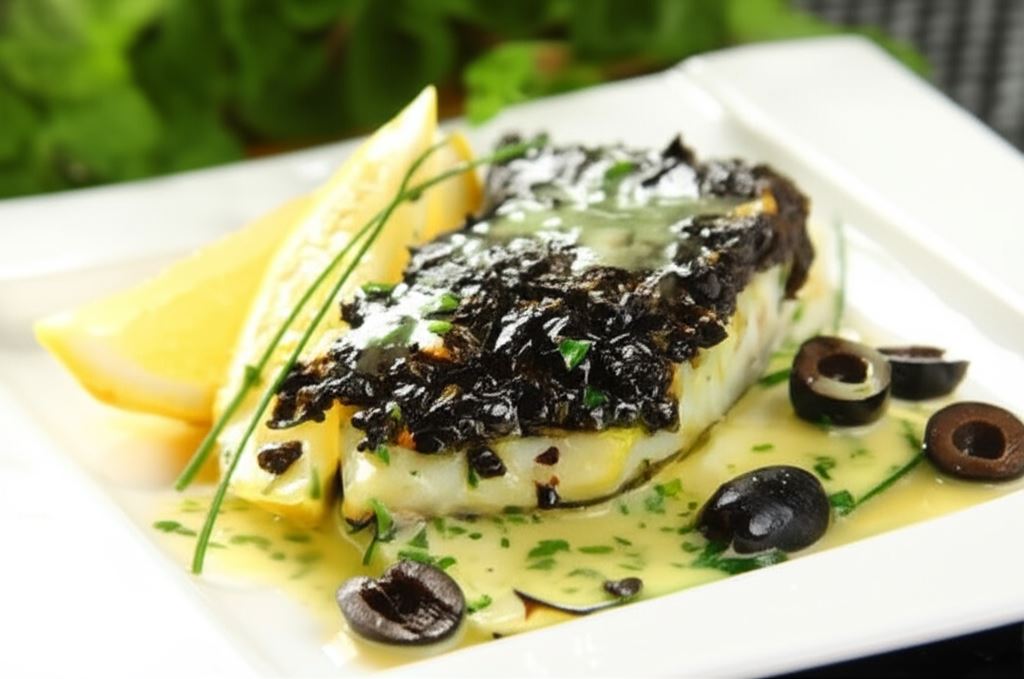 Sandacz z tapenadą oliwkową