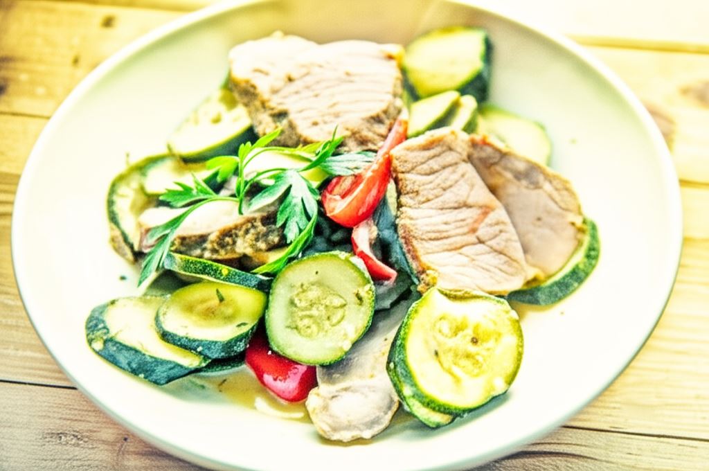 Schab duszony z cukinią i papryką