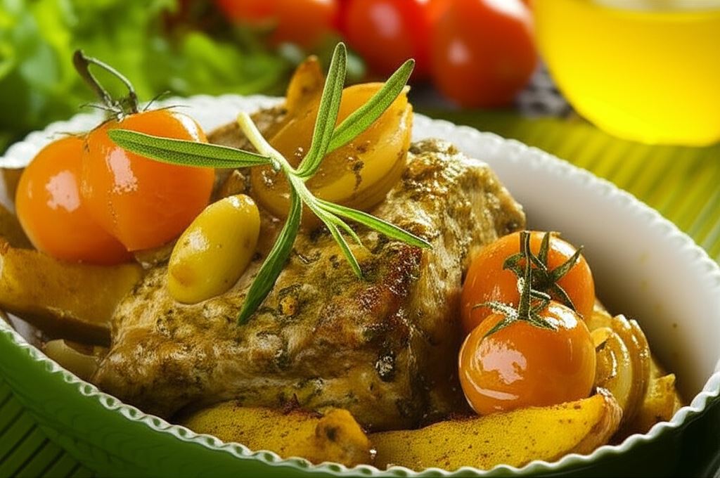 Schab pieczony z cebulką i czosnkiem