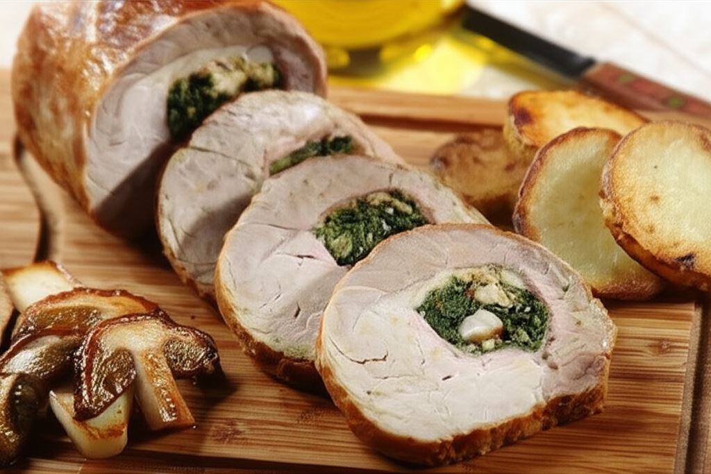 Schab pieczony z grzybami i szpinakiem