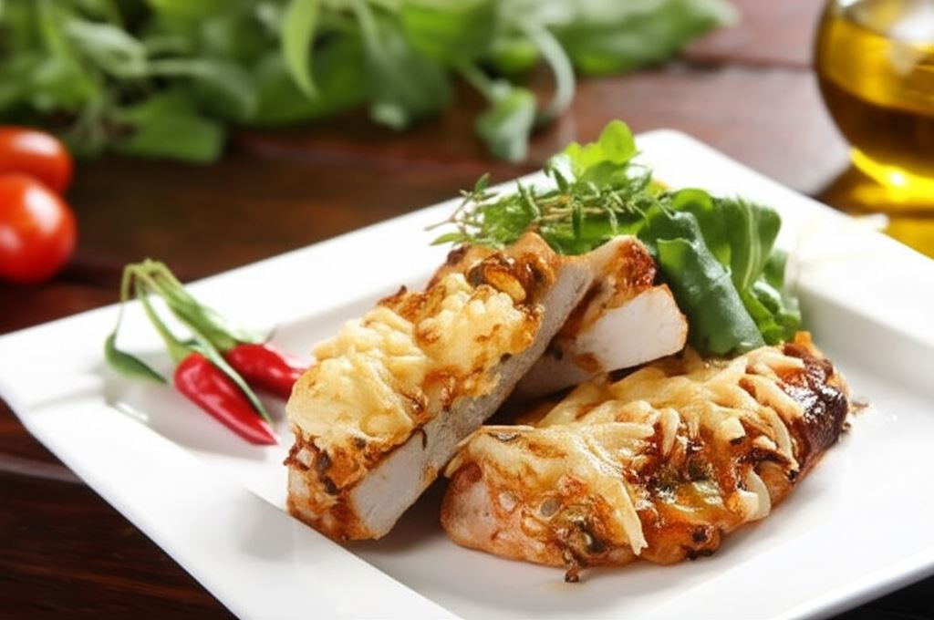 Schab z pieczarkami pod pierzynką z majonezu i żółtego sera