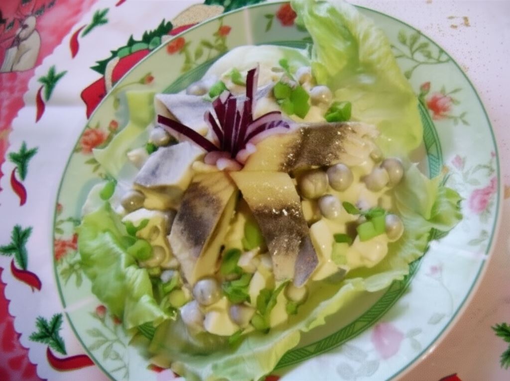 Śledzie z sałatką z groszku