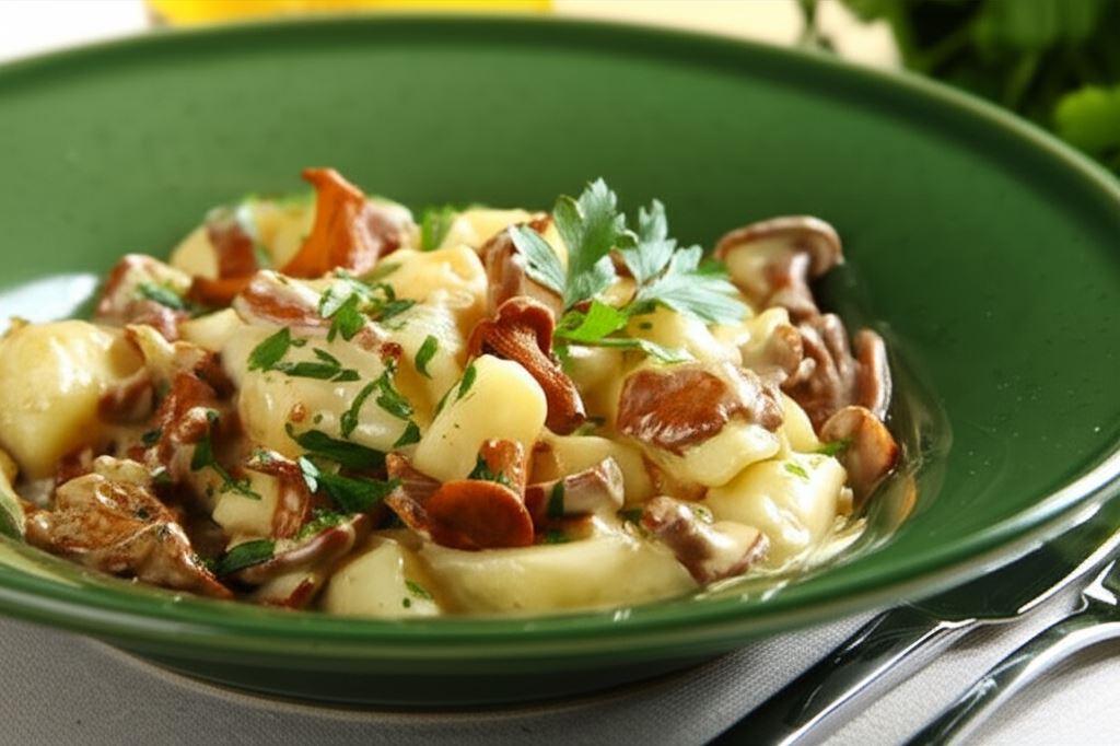 Smażone kopytka z kurkami