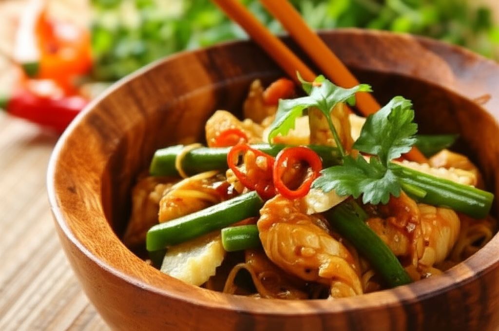 Smażony makaron chow mein z kurczakiem