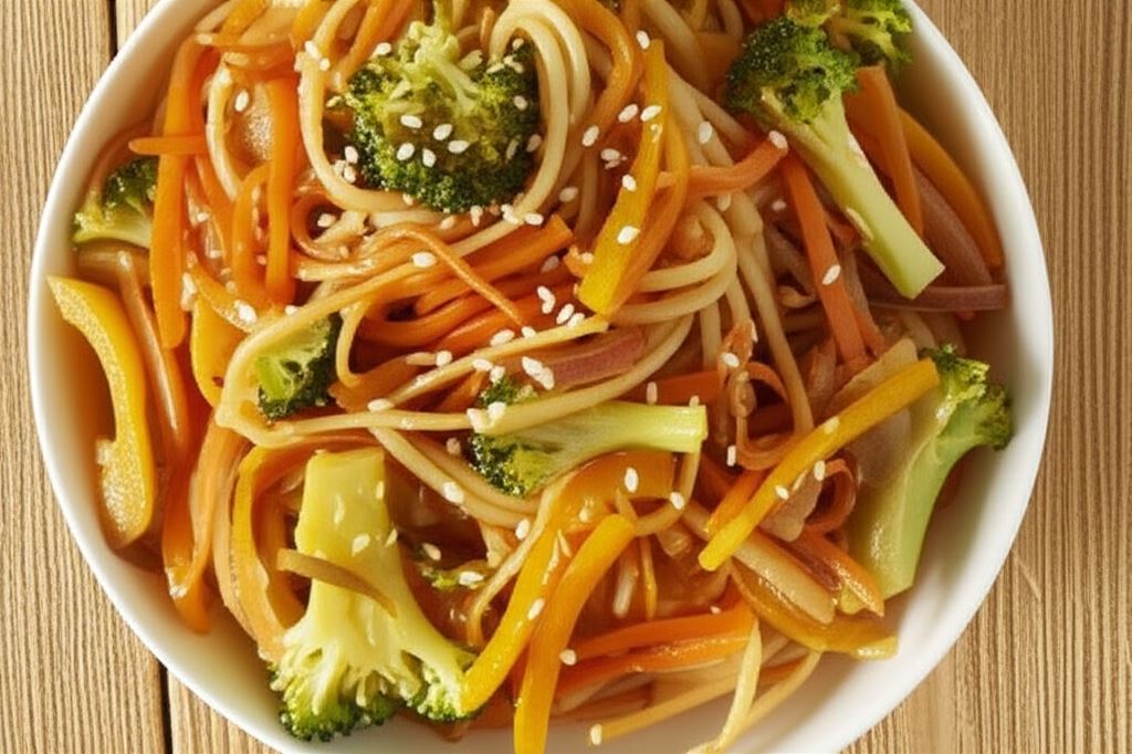 Smażony makaron z chrupiącymi warzywami