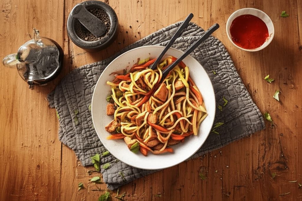 Smażony makaron z tofu i warzywami