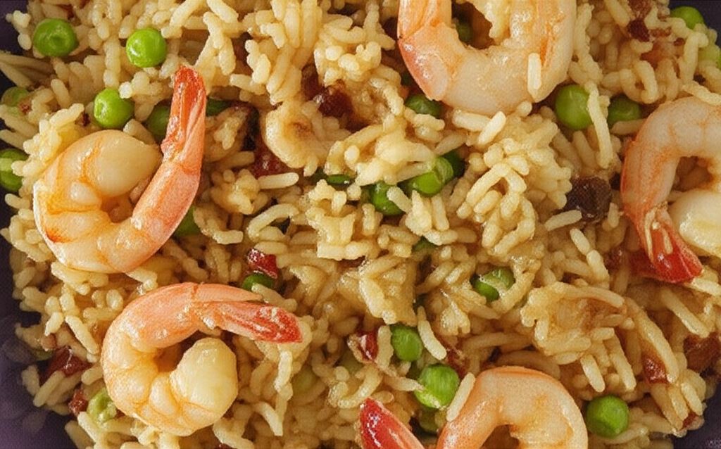 Smażony ryż z krewetkami i zielonym groszkiem