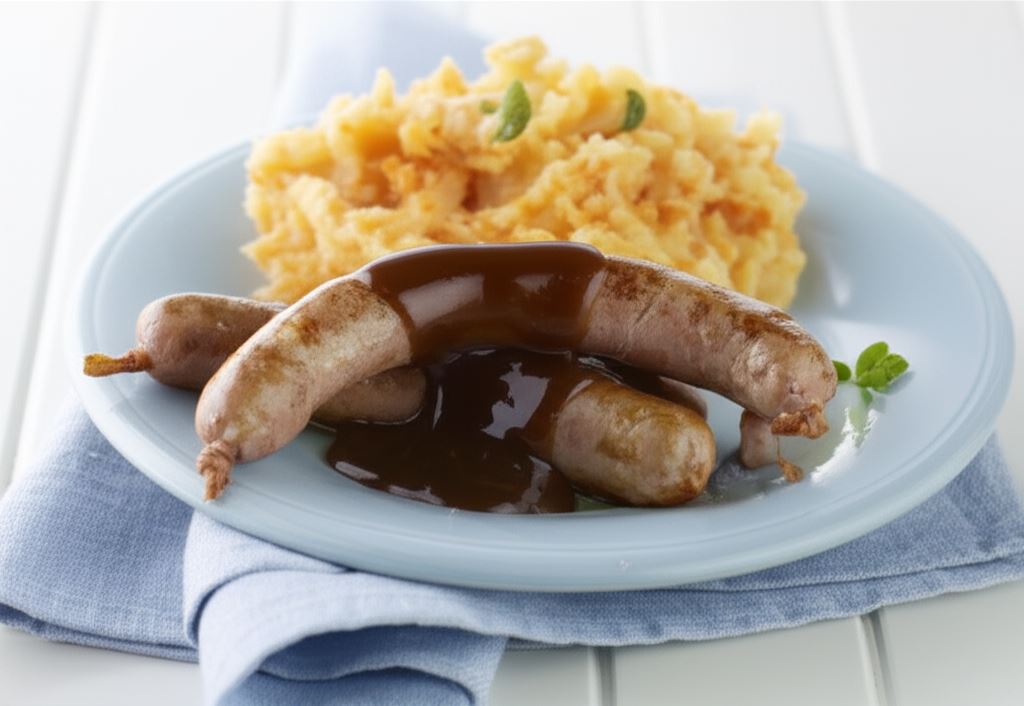 Śniadaniowe kiełbaski z puree ziemniaczano-marchewkowym