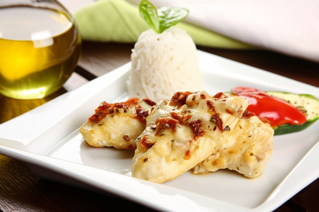 Soczysty kurczak z patelni z suszonymi pomidorami i mozzarellą