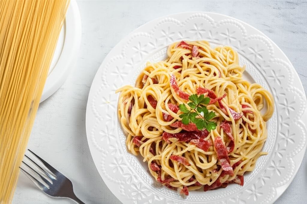 Spaghetti ala carbonara z kiełbasą pepperoni