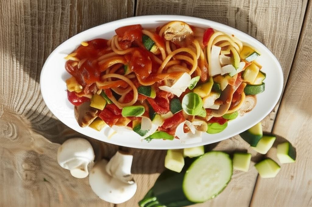 Spaghetti bolognese z warzywami i pieczarkami