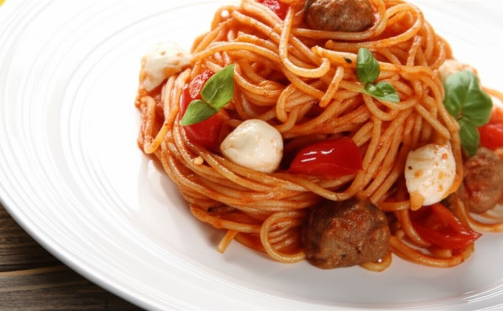 Spaghetti napoli z kulkami mozzarelli