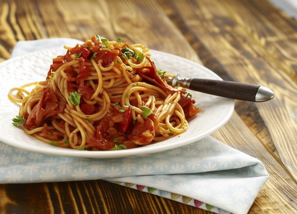 Spaghetti w pomidorowym sosie z chorizo i anchovies