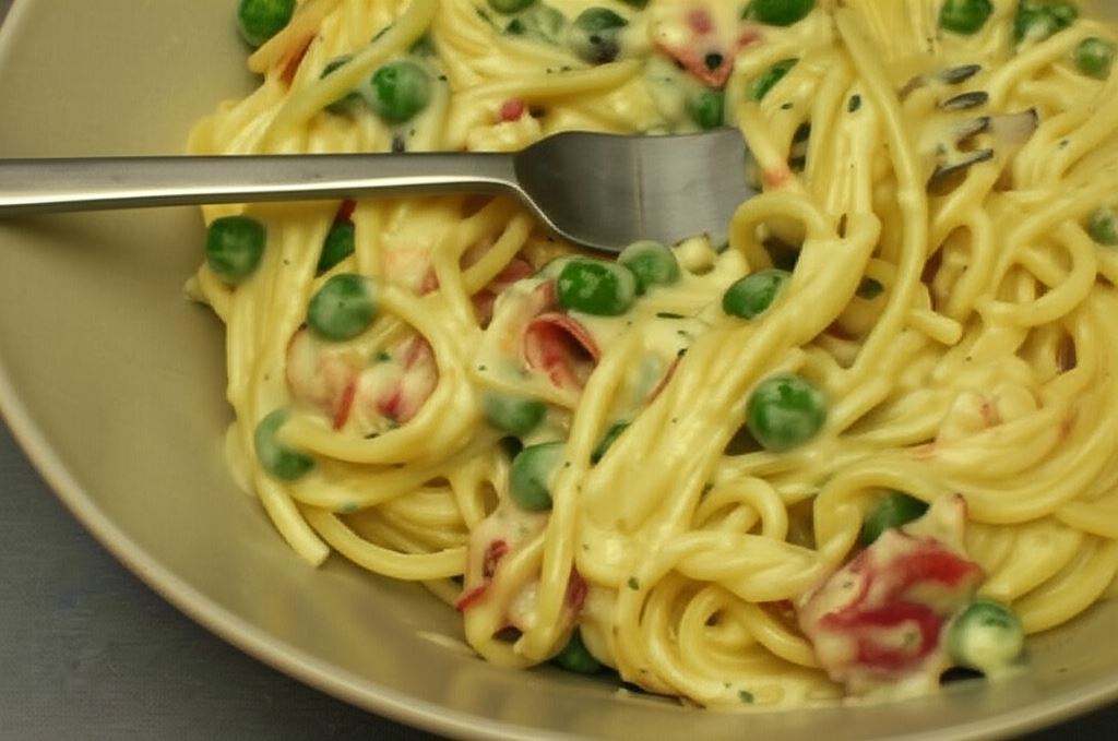 Spaghetti w sosie carbonara z groszkiem i szynką parmeńską