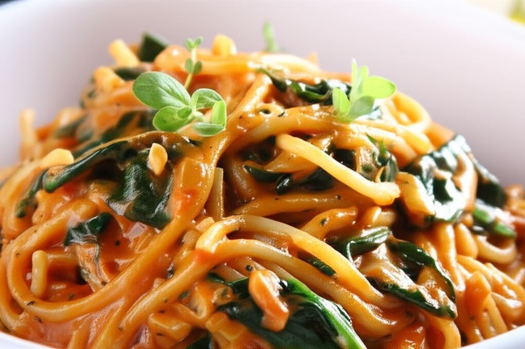 Spaghetti z pomidorami i szpinakiem