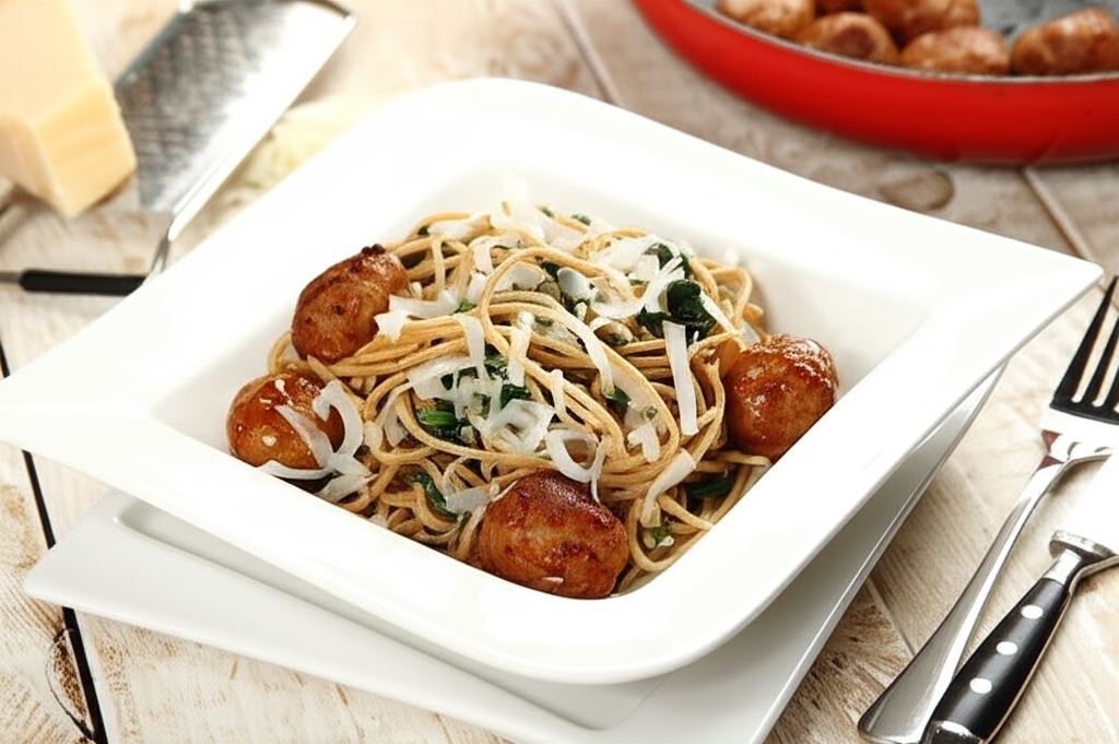 Spaghetti z pulpetami i szpinakiem