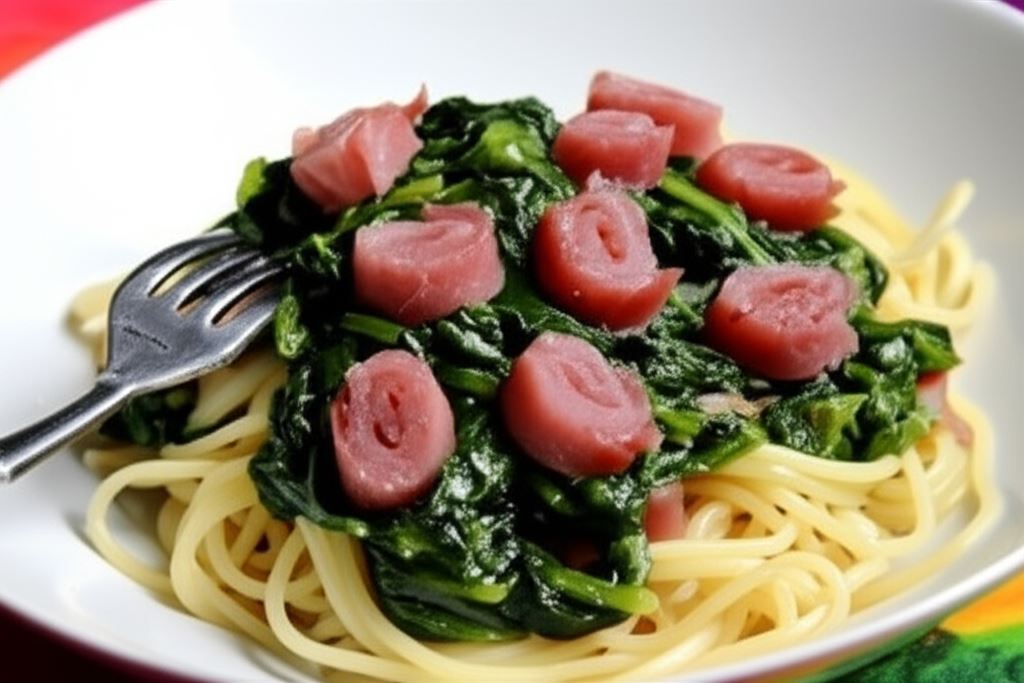 Spaghetti ze szpinakiem i szynką długodojrzewającą