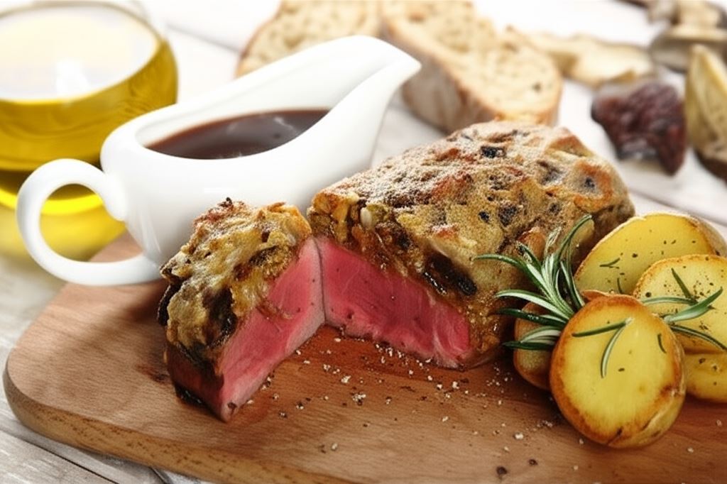 Steki z polędwicy wołowej z grzybami i śliwkami w sosie