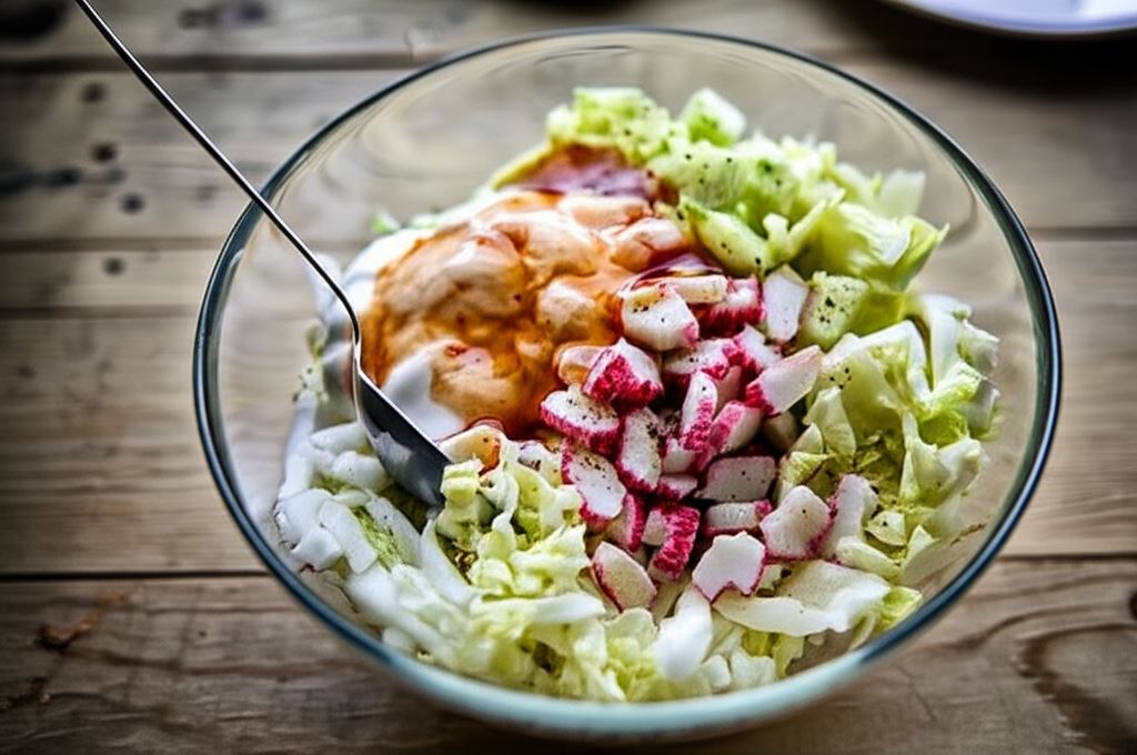 Surówka z kapusty pekińskiej z paluszkami krabowymi i słodkimsosem chilli